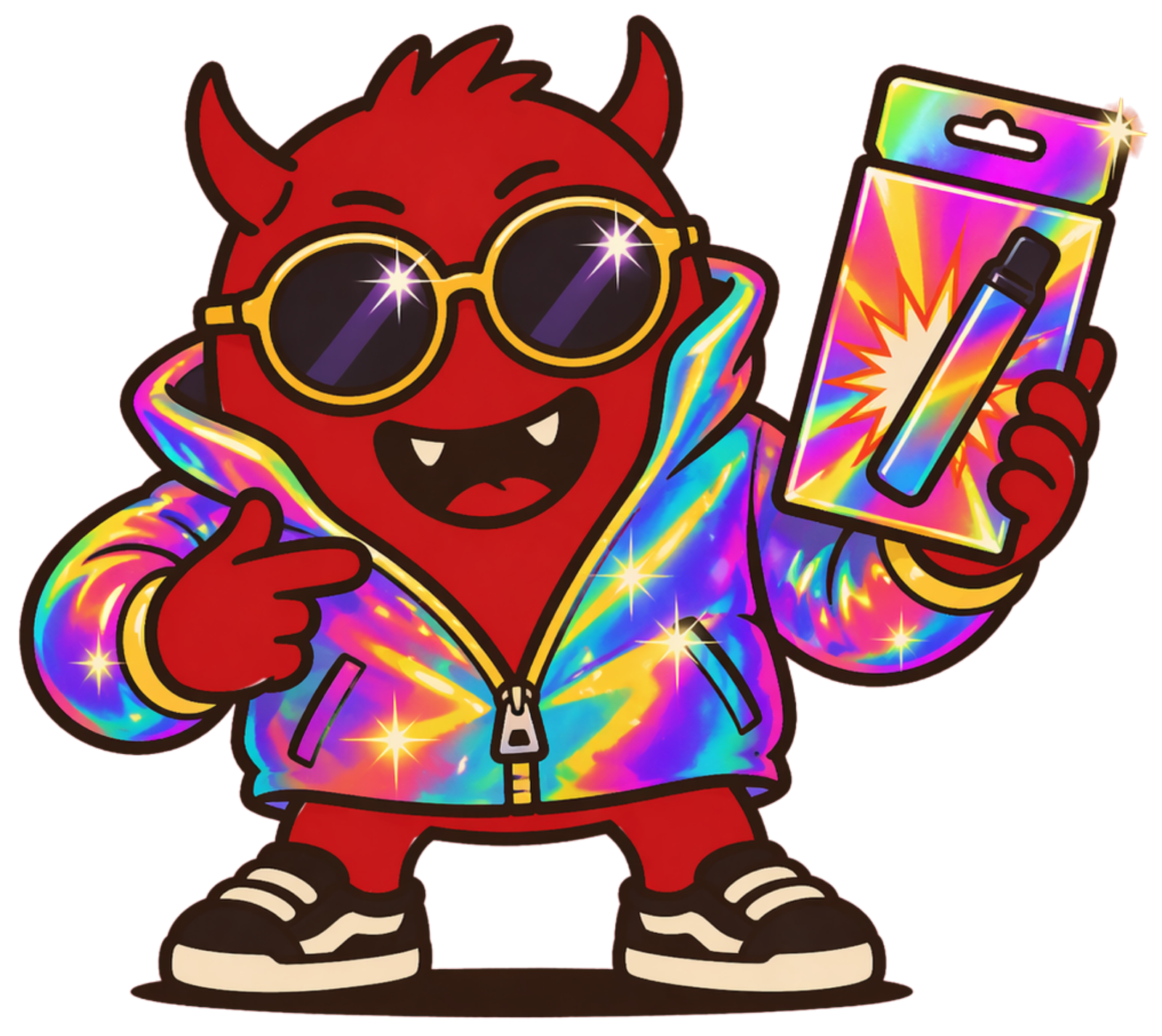 Flashy Nicofiend wearing sunglasses and a bright jacket, holding a brightly packaged vape