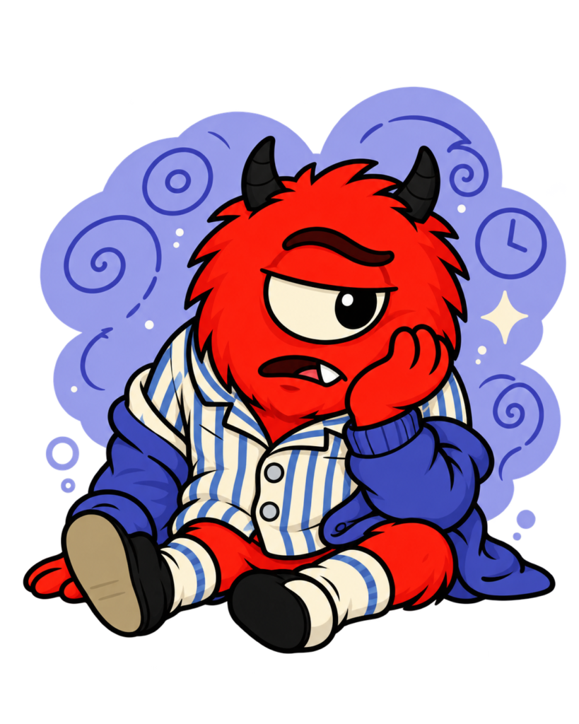 Boredom Beast Nicofiend character sitting in blue striped pyjamas