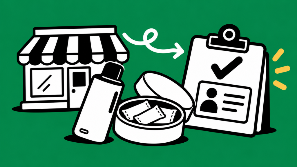 Black-and-white illustrations of a shop, vape, nicotine pouches and an ID checklist on a green background.