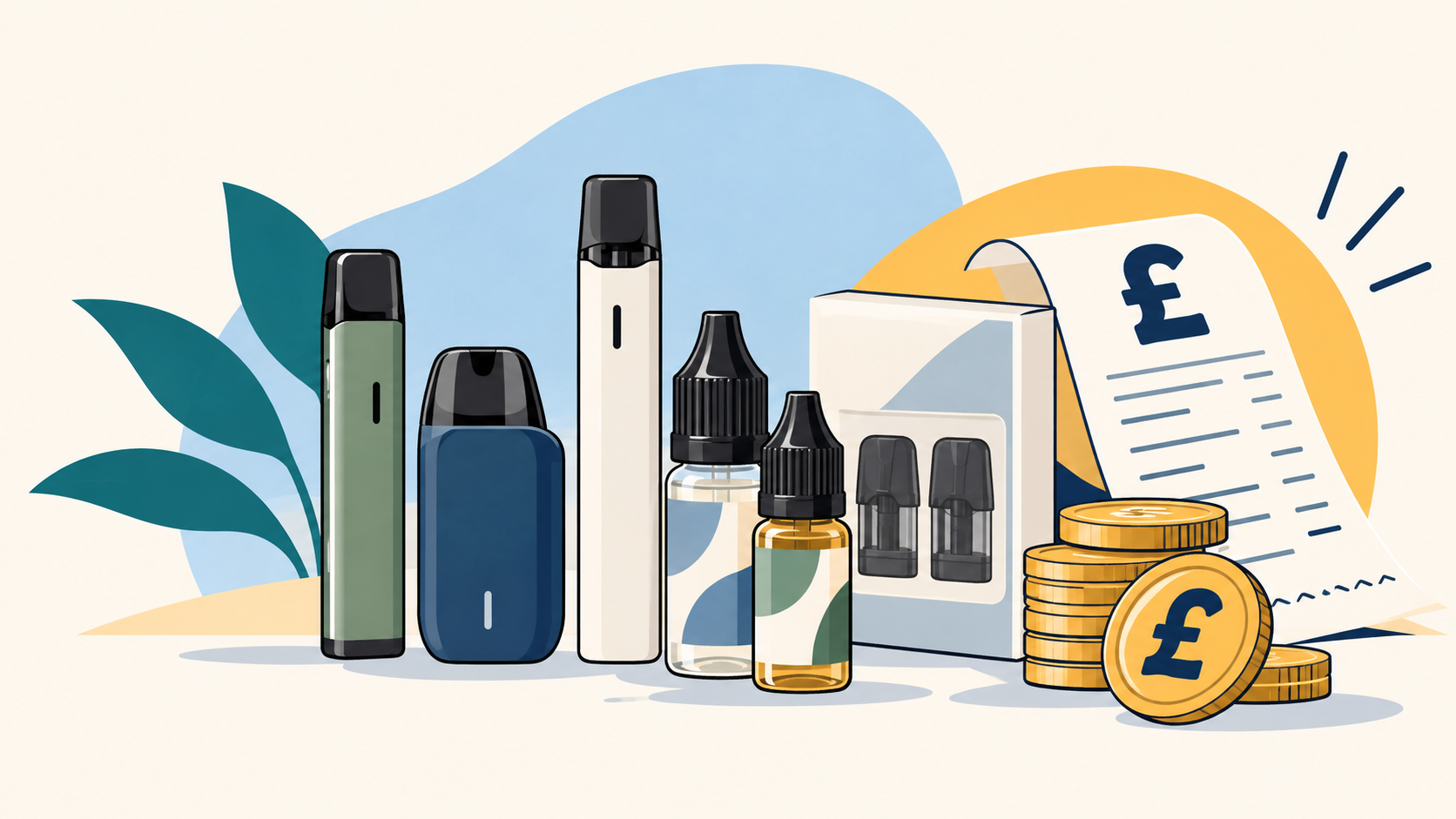 Illustration of modern vaping devices, e-liquid and pound symbols representing the new vaping duty